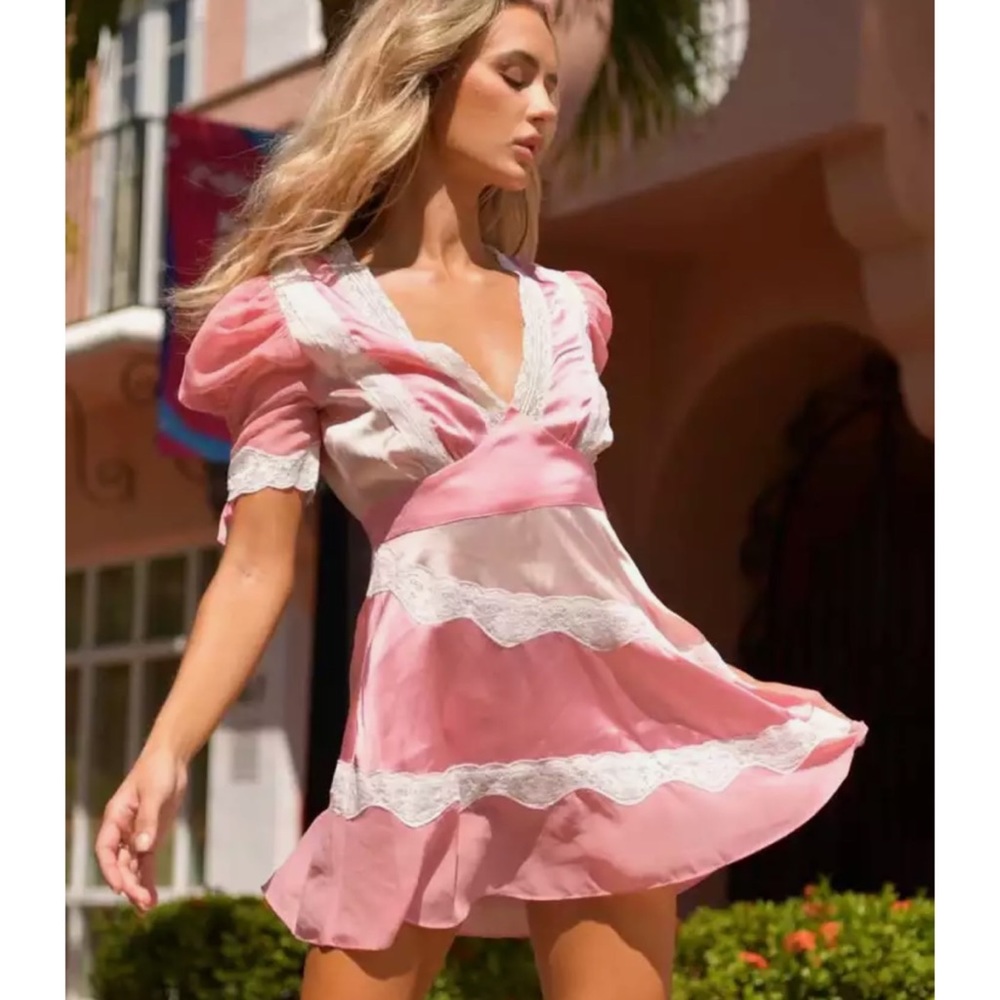 LoveShackFancy Vibe Pink Lace Mini Dress Small